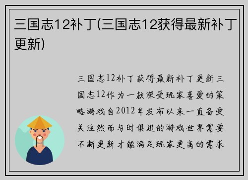 三国志12补丁(三国志12获得最新补丁更新)
